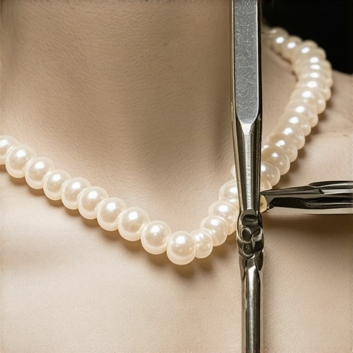 Jewelry expert restringing a pearl necklace with precision tools.