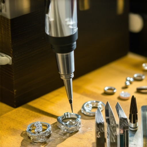 Close-up of engraving tools and jewelry on a workbench