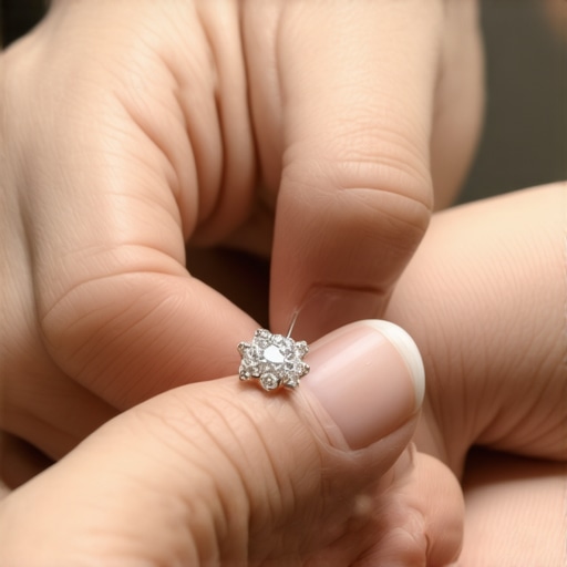 Jeweler inspecting jewelry with loupe in a professional setting.