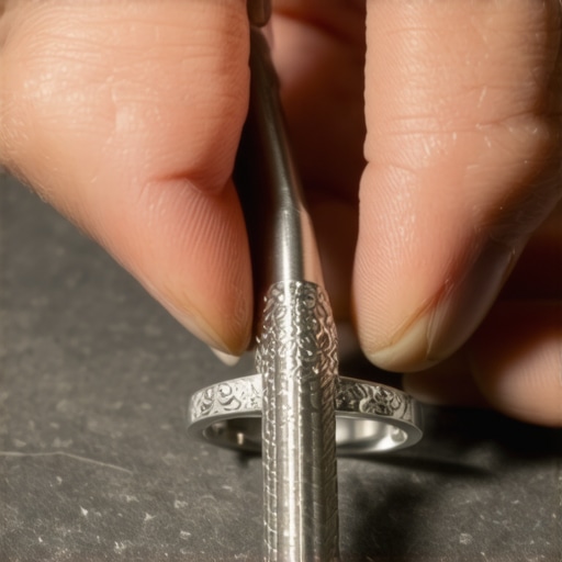 Close-up of a jeweler's hand with a precision engraving tool creating intricate design on a ring