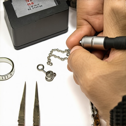 A jeweler's workspace featuring precision pliers, ultrasonic cleaner, and magnification loupe for jewelry maintenance.