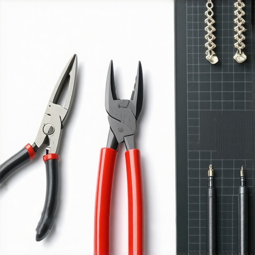 Tools like pliers, crimping devices, and mats arranged for jewelry fixing