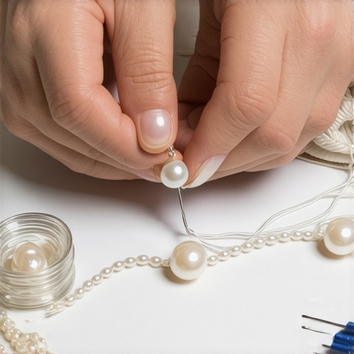Jeweler restringing pearl necklace with silk thread