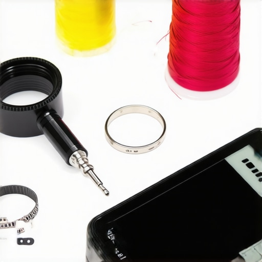 Close-up shot of various jewelry repair tools including microscope, ultrasonic cleaner, digital engraver, and silk restringing thread on a jeweler's workbench.