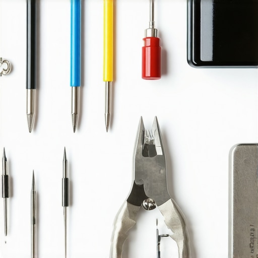 Close-up of professional jewelry repair tools including needles, pliers, and laser engraver on a workbench.
