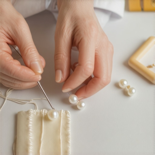 Hands carefully threading pearls onto silk thread during restringing