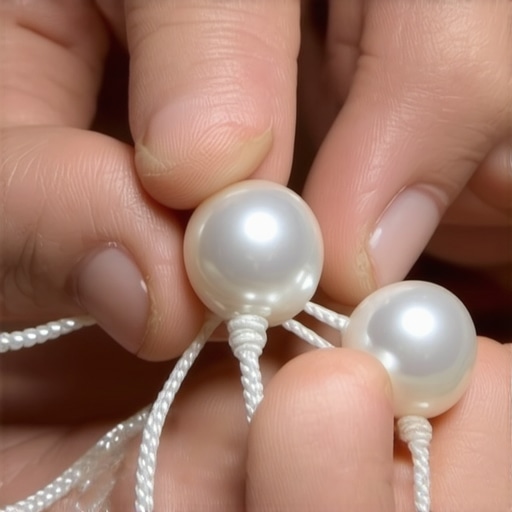 Jeweler's hands expertly restringing pearls using nylon cord with secure knots.