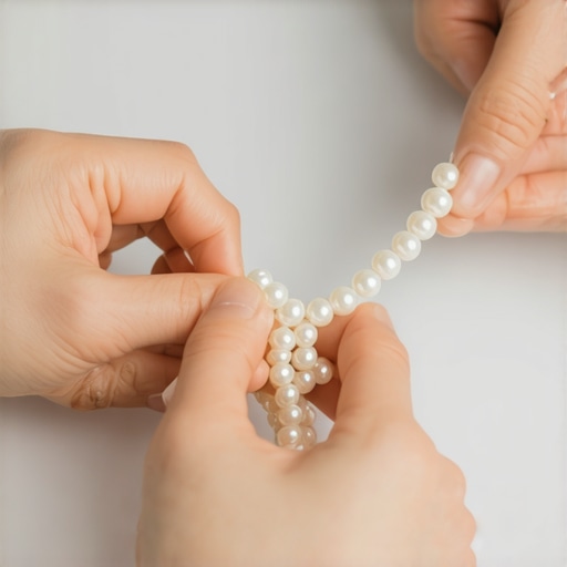 Restringing Pearls with Precision Hands carefully knotting pearls during restringing process